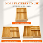 Bamboo Sliding Desk Drawer Organizer 9'' up to 18'' x 15'' x 2'' Expandable Office Desk Accessories Supplies Tray with 7 Compartments for Pens, Notebooks, Rulers, and Makeup Jewelry Vanity