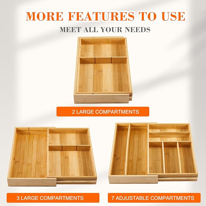 Bamboo Sliding Desk Drawer Organizer 9'' up to 18'' x 15'' x 2'' Expandable Office Desk Accessories Supplies Tray with 7 Compartments for Pens, Notebooks, Rulers, and Makeup Jewelry Vanity