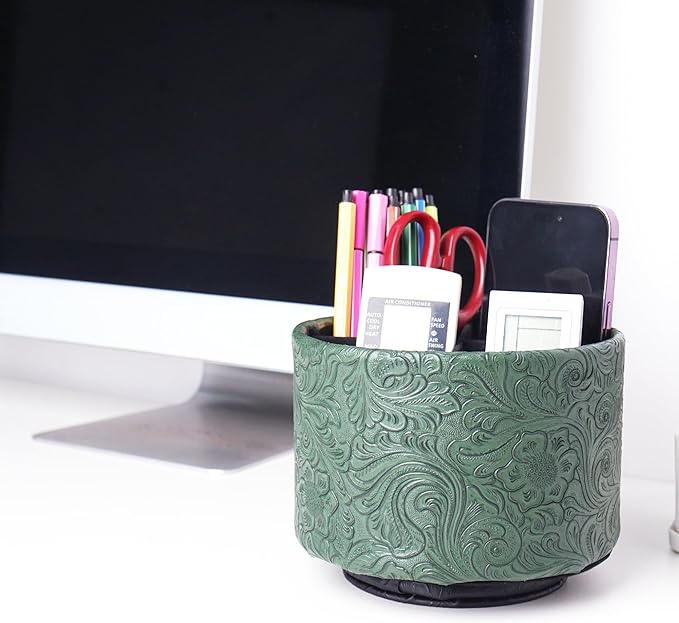 lizimandu Round Leather Art Supply Organizer,Remote Control Holder,360 Degree Spinning,Multi-Functional Pencil Holder,4 Compartments Desktop Stationary Organizer(1-Carved Cooper Green)