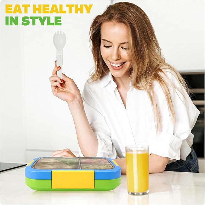 EASYFUN Bento Box Adult, Lunch Box, 4-Compartment Lunch Containers, Drop-Proof, Dishwasher Safe & Made with BPA-Free Materials (Blue green)