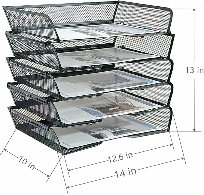 5 Tier Metal Mesh Desk Organizer-Stackable Letter Trays for Office Supplies,Black File Storage System with Reinforced Edges