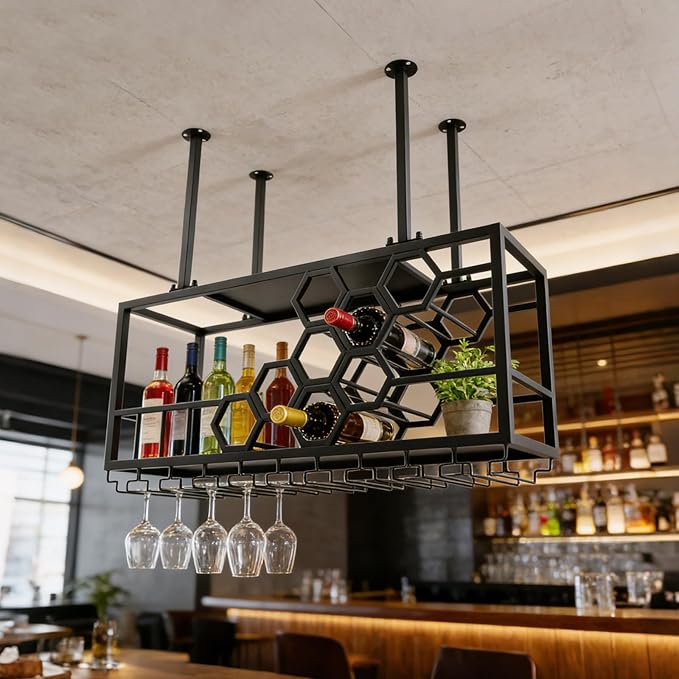 Ceiling Wine Glass Rack, Hanging Wine Rack with Glass Holder and Shelf, 2 Layer Industrial Iron Hanging Wine Bottle Holder, Metal Ceiling Shelf for Bar Cafe Kitchen, 39.4*11.8*15.8in (Black)