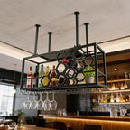 Hanging Wine Rack, 39in Heavy Duty Ceiling Mounted Wine Bottle & Glass Holder, 150lbs Load Capacity Storage Rack, for Bar, Kitchen, Restaurant, Cellar (Black)
