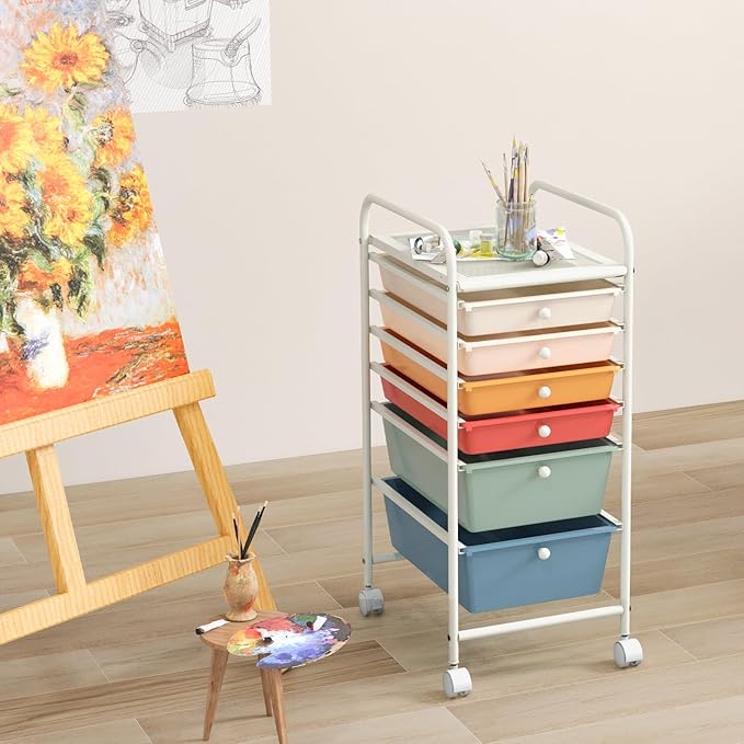 GOFLAME 6-Drawer Rolling Storage Cart, Multifunctional Art Craft Organizer Cart, Mobile Utility Storage Cart with Removable Drawers & Lockable Wheels, Craft Cart for Home Office, Macaron Color