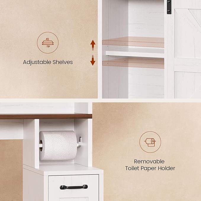 Farmhouse Over The Toilet Storage Cabinet with Pulley, Slide Barn Doors Bathroom Storage Cabinet, Space Saver W/Adjustable Shelf & Open Shelf for Bathroom, Restroom, Laundry (White Brown-Type A)