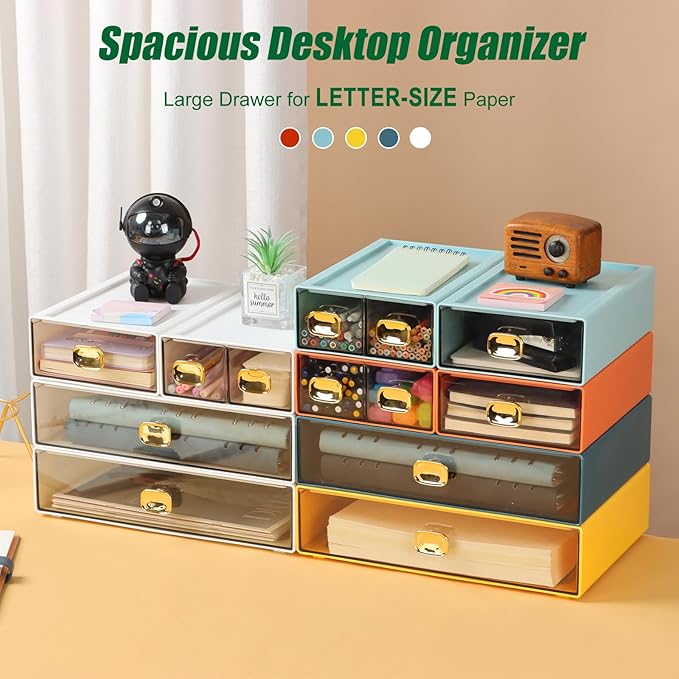 Spacious Desktop Storage Box, 1 Large Storage Drawer, Stackable Office Desk Drawer Organizer and Accessories, Printer Paper Organizer, Blue Plastic Drawers for Workspace & Home