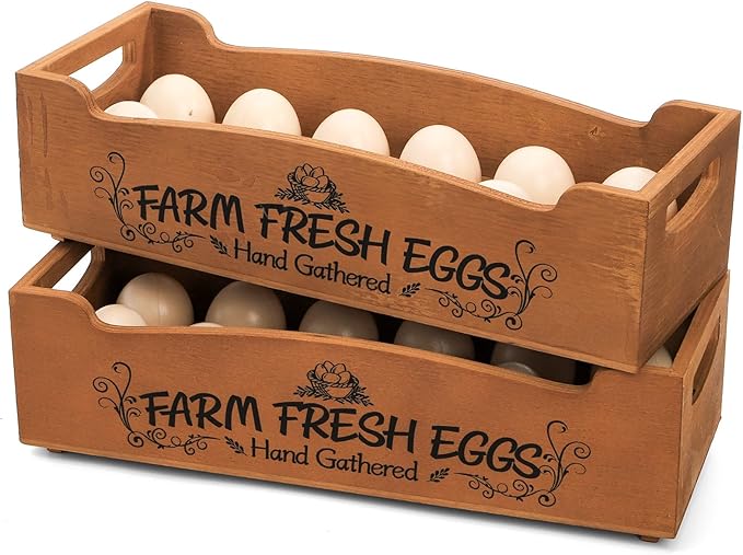 YOUEON Wooden Egg Holder for Countertop, Stackable 2-Tier Egg Crates for 24 Eggs with Handle, Farmhouse Rustic Pinewood Egg Storage Box with “Farm Fresh Eggs” Print, No Assembly Needed