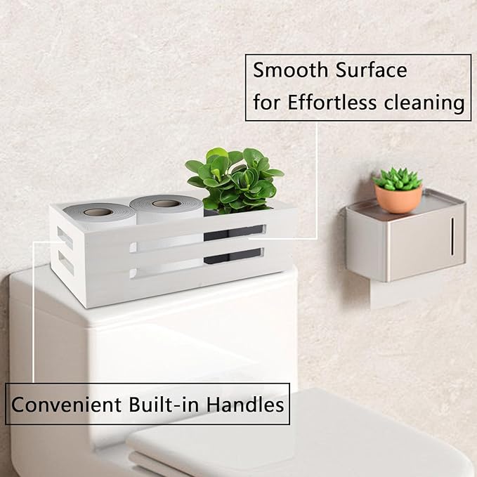 Toilet Paper Storage Basket with Handles, Wicker Toilet Tank Basket, Wooden Bathroom Basket Organizer for Rustic Decor, Space-Saving Wicker Bins for Bathroom or Guest Room-White