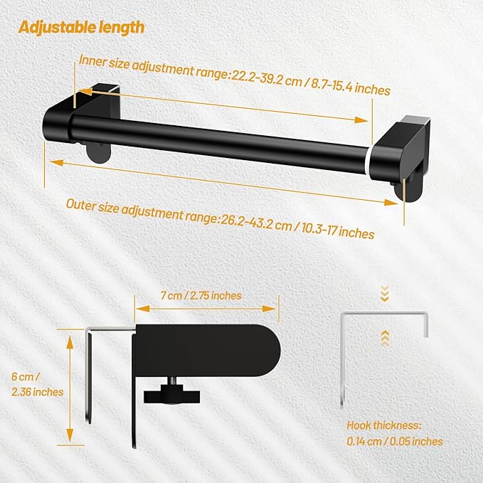 VEHHE Kitchen Towel Holder, Hand Screwed Telescopic Kitchen Towel Rack No Tools Required, Adjustable Length and Width Over The Cabinet Door Towel Rack with EVA Foam Pad (Black)