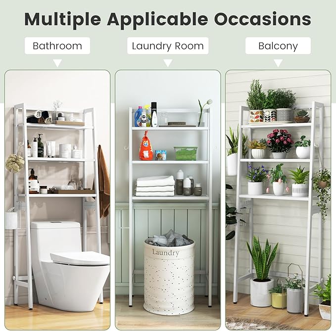 Tangkula Over-The-Toilet Storage Rack, 3-Tier Freestanding Bathroom Space Saver Shelf w/ 2 Hanging Hooks & Toilet Paper Holder, Metal Above Toilet Storage Rack for Bathroom Laundry (White, 62.5”H)