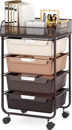 Rolling Cart with 4 Drawers,4 Tiers Rolling Utility Cart Craft Cart,Rolling Storage Drawer Cart with Mesh Top,Storage Cart with Drawers & 4 PCS DIY Lable, Brown