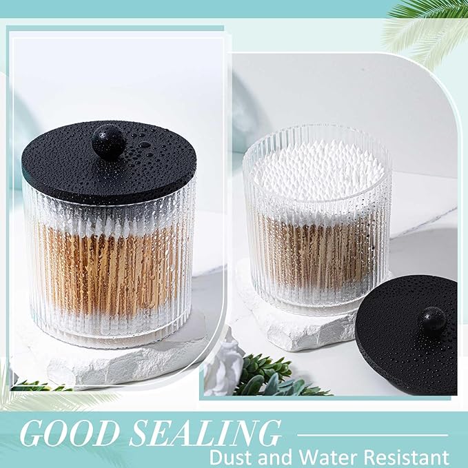 Yaomiao 6 Pcs Ribbed Bathroom Canisters Apothecary Jars with Black Bamboo Lids and Label Stickers, 18 oz Plastic Canister with Fluted Design for Cotton Ball, Swab, Floss Picks House Storage