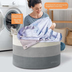 Laundry Basket Cotton Rope Woven for Blankets Storage Basket with Handles for Living Room (Mixed Grey)
