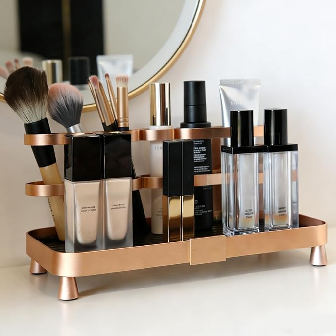 YUPER Corner Bathroom Countertop Organizer, Perfume Tray, Coffee Counter Shelf, Skincare Makeup Cosmetic Vanity Organizers, Bathroom Organizers and Storage Countertop with Brush Holders
