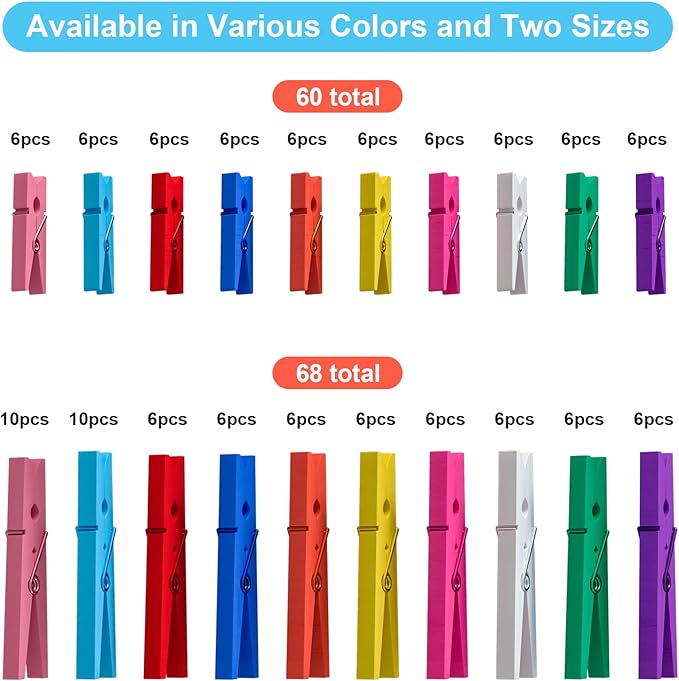128 Pcs Colored Clothespins 10 Color, Colored Clothes Pins Wooden (68 Pcs 2.9 Inch Large Wooden Clothespins 60 Mini Clothespins), Clothes Pins for Classroom