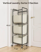 3 Section Laundry Sorter with Removable Bags, 120L Rolling Vertical Laundry Hamper, Stackable Laundry Baskets organizer for Bathroom, Apartment, Dorm (Beige, With Wheel)