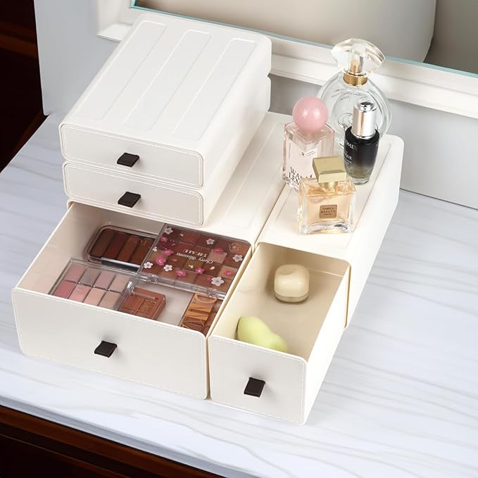 White Desk Organizer with Drawers, Dresser Desktop Makeup Nightstand Organizer, Storage Drawer for Small Spaces Pens Stationary Cosmetic Junk, Office Supplies and Accessories (4-Drawer)