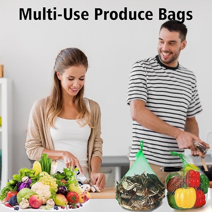 100Pcs Reusable Produce Mesh Bags, Onion Fruits Mesh Produce Bag and Seafood Boil Bag 24’’ Storage Bags for Grocery Shopping Storage of Vegetable Seafood Toy & Garden Produce(Green)