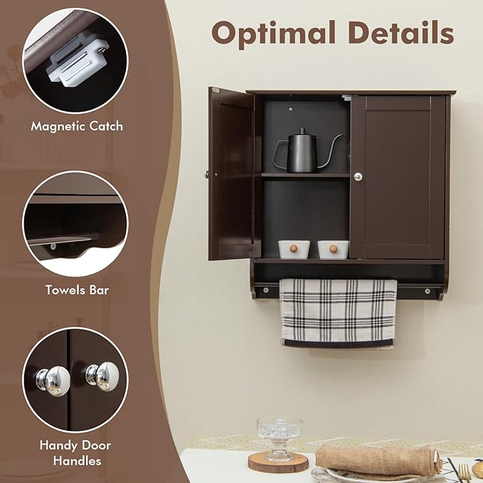 Giantex Bathroom Cabinet Wall Mounted - Over The Toilet Medicine Cabinet with Double Doors, Adjustable Shelf and Towels Bar, Above Toilet Storage Cabinet for Bedroom Kitchen Wall Cabinet (Coffee)