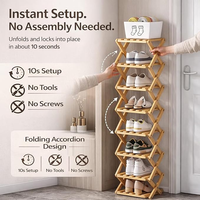 The 9-Tier No-Assembly Bamboo Rack, Folding Bamboo Shoe Rack Organizer with Collapsible Vertical Design, Space-Saving & No-Tool Assembly, for Entryways,Corners,Bedrooms,Balconies (Brown,6)