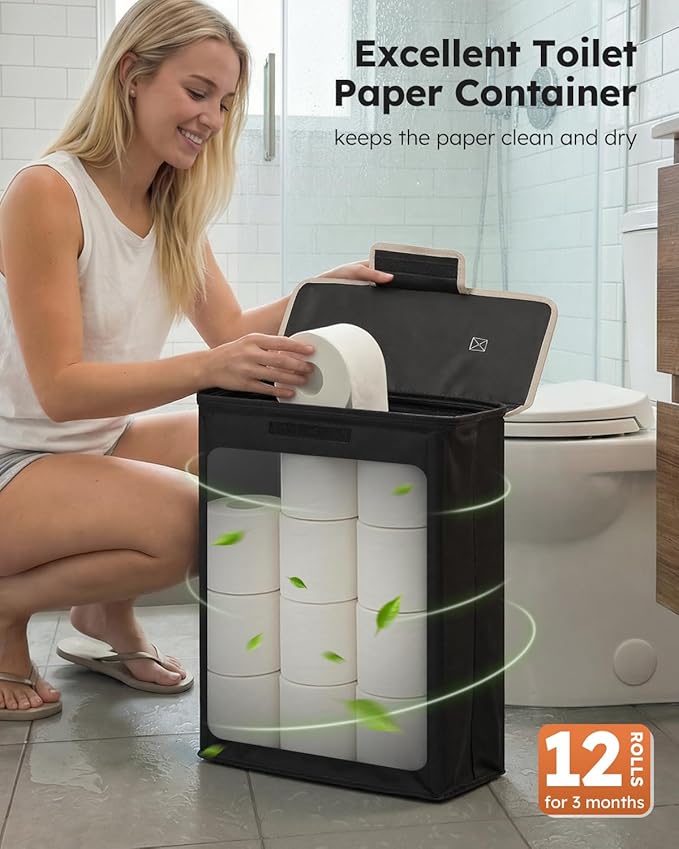 Toilet Paper Holder Free Standing with Storage for Up to 12 Rolls,Rustproof Metal Black Toilet Paper Stand with Shelf,All-in-One Toilet Tissue Roll Dispenser and Organizer with a Lidded Basket