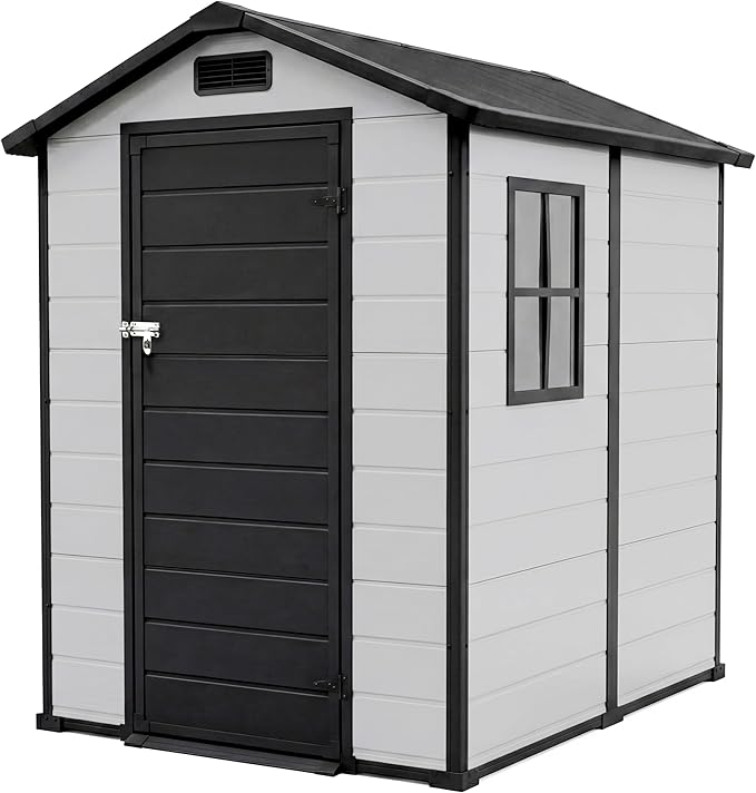 Outdoor Storage Shed with Floor, Plastic Resin Garden Shed with Window & Sloping Roof & Lockable Door for Patio Backyard Garden, Lawn Mower, Bike, Tool Storage (Grayish White + Black, 4' x 6')