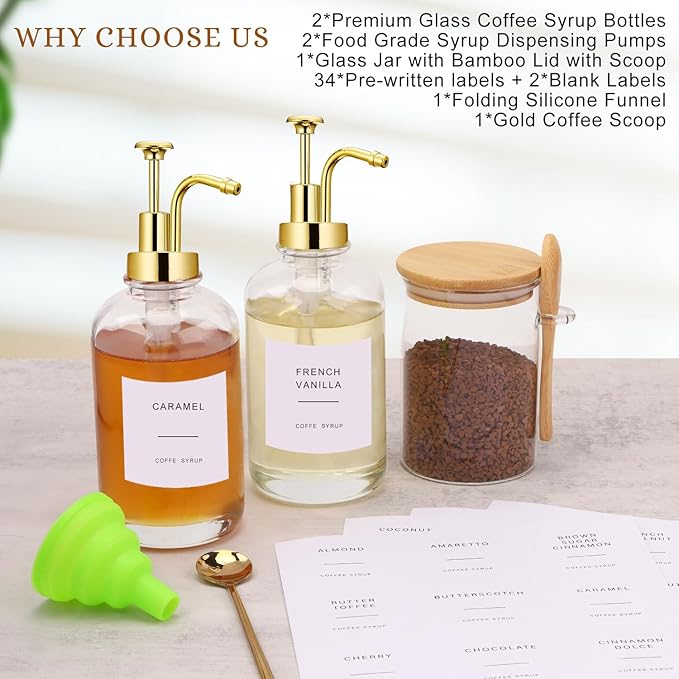 Coffee Bar Accessories, Coffee Syrup Dispenser-2 Pcs16.9 oz, Syrup Pump Dispenser for Coffee Bar, with Glass Bamboo Lid Jar with Spoon, Gold Pump Syrup Dispenser with Labels