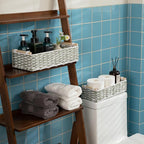 OIAHOMY Toilet Paper Baskets Handmade Paper Rope Decorative Wicker Storage Tank Shelf Cabinet Organizer for Bathroom Home, Set of 2, Green & White