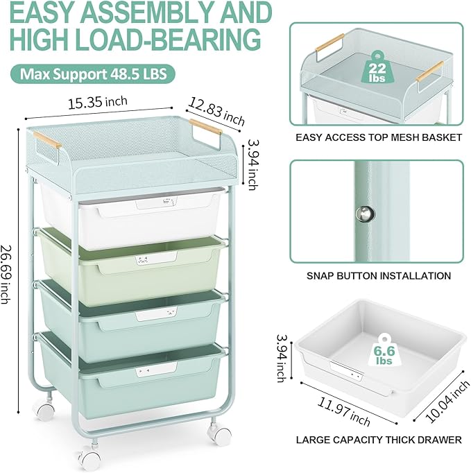Rolling Utility Storage Cart with 4 Drawers - 4 Tiers Rolling Cart Craft Cart, Storage Drawer Cart Organizer for Craft Room Office Bedroom Classroom with Mesh Top & 4 PCS DIY Lable, Green