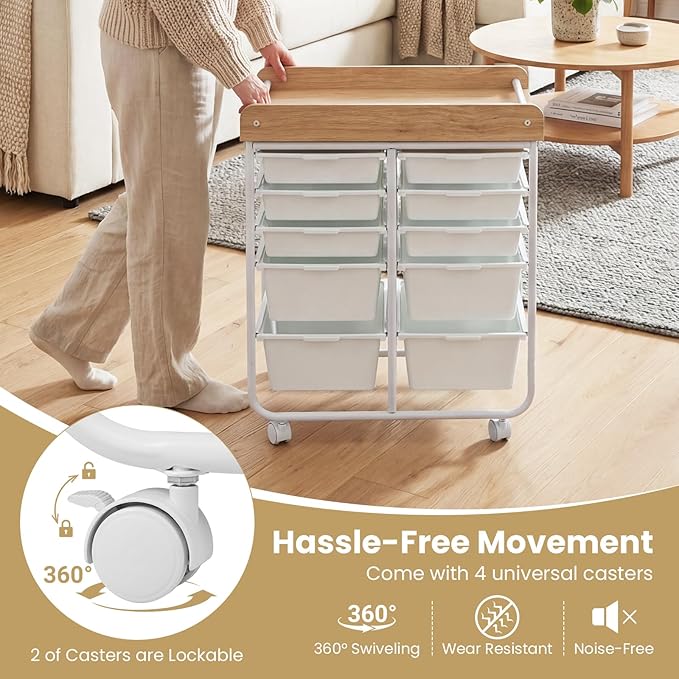 GOFLAME 10-Drawer Rolling Storage Cart, Craft Storage Cart with Wooden Tabletop, Lockable Wheels and Handles, Art Cart Supply Storage Organizer with Metal Frame for Home Office Classroom, White