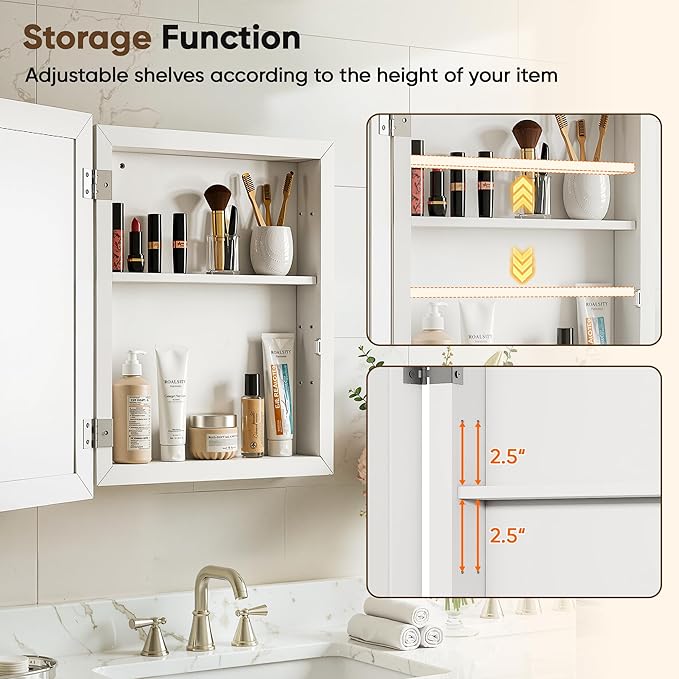 Antok Medicine Cabinet with Mirror 15x19 inch, Wall-Mounted Bathroom Mirrors with Storage Modern, in Recessed Vanity Medicine Cabinets Door Wooden Frame Shelf Surface Mount Over Sink Organizer, White