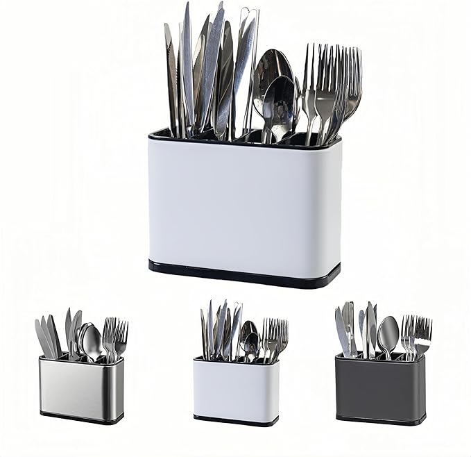 Utensil Holder,Stainless Steel Caddy Counter,Spoon holder,4 Compartments Silverware Caddy,Capacity Flatware Spoon Fork Tool Cutlery Holder（White）
