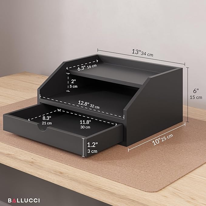 Ballucci Desk Organizer with Drawer, 2 Tier Paper Office Supplies Desk Organizer, 13 2/5" x 9 3/5" x 6", Black