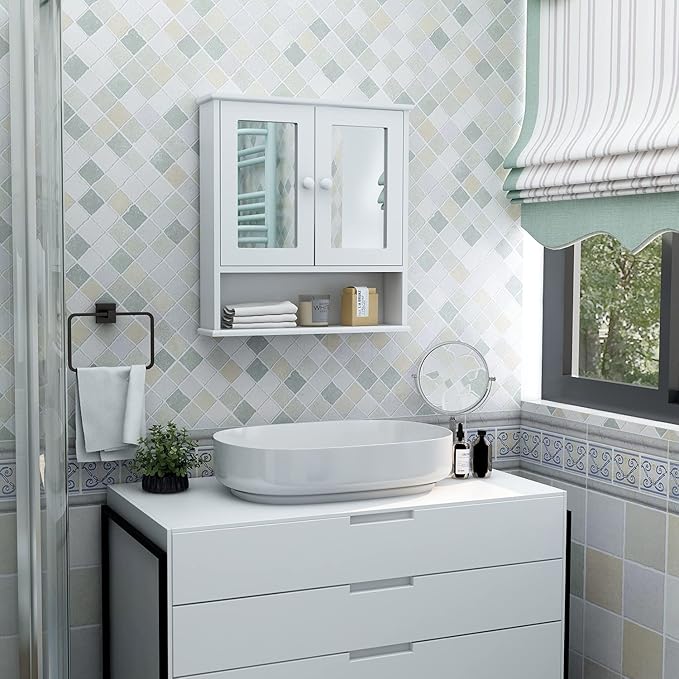 TaoHFE Medicine Cabinet, Medicine Cabinets for Bathroom with Mirror 2 Doors 3 Open Shelf, Bathroom Cabinet Wall Mounted Wooden Storage Over Toilet Laundry Room Kitchen