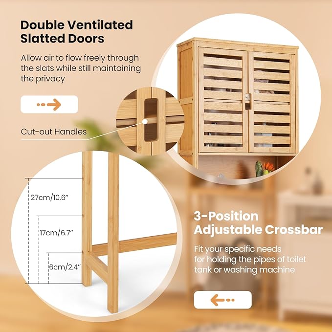 Giantex Over The Toilet Storage Cabinet, 3-Tier Bamboo Bathroom Space Saver with 2 Louver Doors, Open Shelf, Adjustable Bottom Bar, Over Toilet Bathroom Organizer for Laundry, Balcony, Restroom