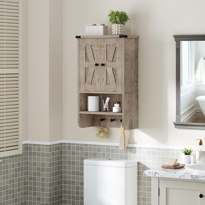 Bathroom Wall Cabinet, Farmhouse Medicine Cabinet with Adjustable Shelf, 3-Tier Wall-Mounted Storage Cabinet with 3 Hooks and Open Shelf, for Bathroom, Living Room, Kitchen, Greige