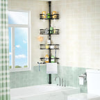 HAMITOR Corner Shower Caddy Tension Pole: Rustproof Stable 4-Tier Bathroom Organizer Shelves for Bathtub Shampoo Storage - 47-121 Inch Quick Install Adjustable Standing Rack with Soap Rack - Black