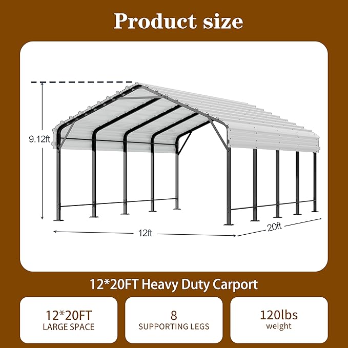 Nuturelly 12x20 FT Metal Carport, Heavy Duty Carport Canopy with Enhanced Base, Outdoor Car Shelter with Galvanized Steel Roof and Frame Garage for Truck, SUV, Boat(White)