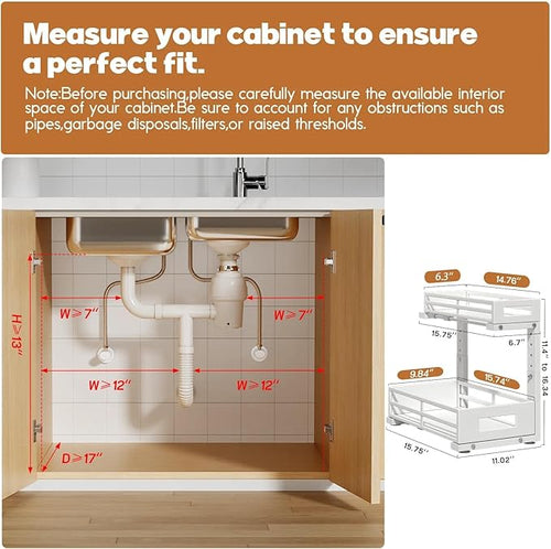 1-Pack Under Sink Organizers and Storage,2-Tier L Shape Pull Out Cabinet Organizer With Round Tube Slide Rails,Hight Adjustable Slide Out Drawers for Kitchen&Bathroom,Multi-Purpose Storage Shelf-White