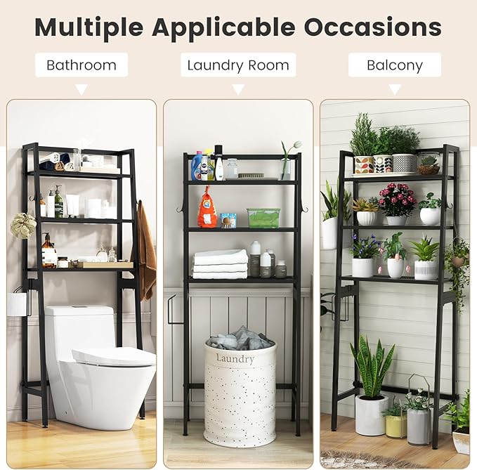 Tangkula Over-The-Toilet Storage Rack, 3-Tier Freestanding Bathroom Space Saver Shelf w/ 2 Hanging Hooks & Toilet Paper Holder, Metal Above Toilet Storage Rack for Bathroom Laundry (Black, 62.5”H)