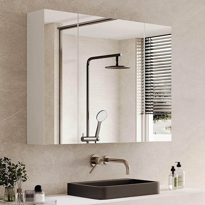 DICTAC Medicine Cabinet with Mirror & Storage - 27.6x23.6in Wall Mounted Cabinet with 3 Doors & Adjustable Shelves for Bathroom, Living Room, Kitchen - White