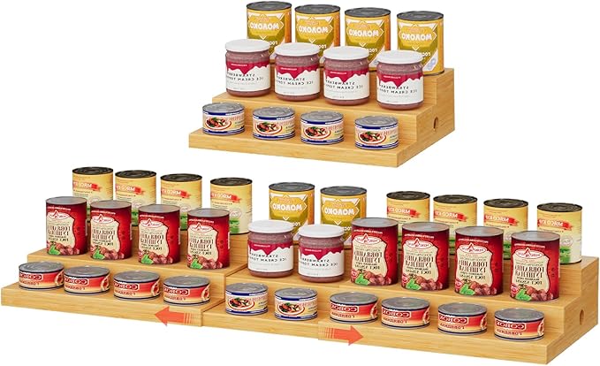 Extra-Long Expandable Bamboo Can Rack for Pantry – 3-Tier Adjustable Pantry Can Organizer, Large Capacity Holds up to 45 Cans, Pantry Shelf & Countertop Storage (Patent Pending)