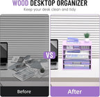 5-Tier Wood Desk Organizer, Paper Tray Organizer for Desk with Adjustable Storage Shelves, Desktop File Organization Paper Sorter Mail Holder for Office Home Classroom, Purple