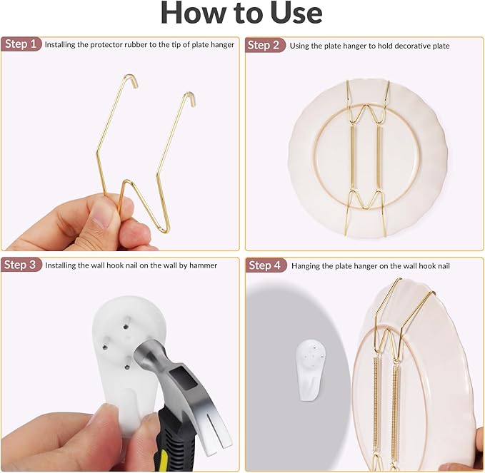 12-Pack Invisible Wall Plate Hangers, 8/10/12 Inch Brass Plate Holders with 16-Pack Wall Hooks