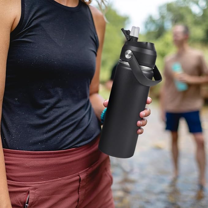 24oz Insulated Stainless Steel Water Bottle, Wide Mouth Double Wall Vacuum, Silicone Straw, Sweat & Leak Proof, BPA Free Insulated Water Flask for Travel, Keep Cold 24h Hot 12h, Black