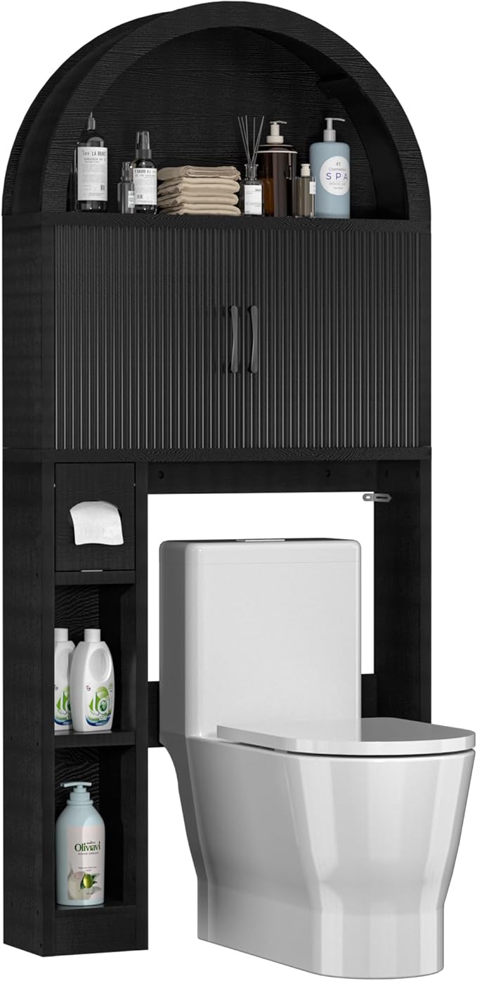 Over The Toilet Storage Cabinet, Bathroom Organizer Over Toilet, Arched Storage Organizer Cabinet with Anti-Tip Device and Adjustable Shelf for Washroom Laundry and Restroom, Black