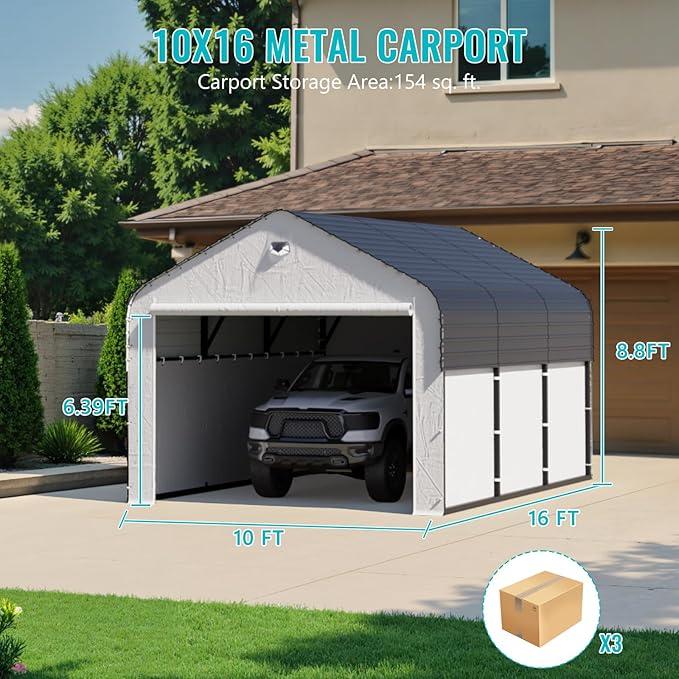 10x16 Metal Carport,Enclosed Carports Heavy Duty,Car Tent Garage with Removable Sidewalls & Door,Car Port Kits for Snow,Outdoor Car Shelter