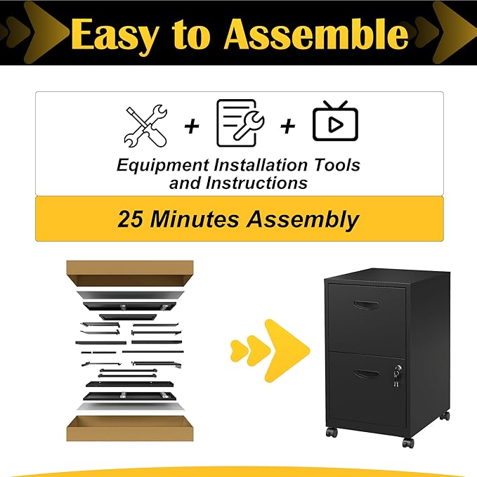 2 Drawer File Cabinet with Lock，Black Rolling File Cabinet for Home Office, Metal Small Mobile Filing Cabinets on Wheels for Hanging Letter