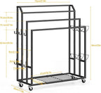 Towel Rack for Bathroom Freestanding Towel Holder Stand Black Blanket Holder for Floor Large Towel Cart with Wheels, Storage Shelves, 6 Metal Hooks for Bathroom, Pool, Living Room