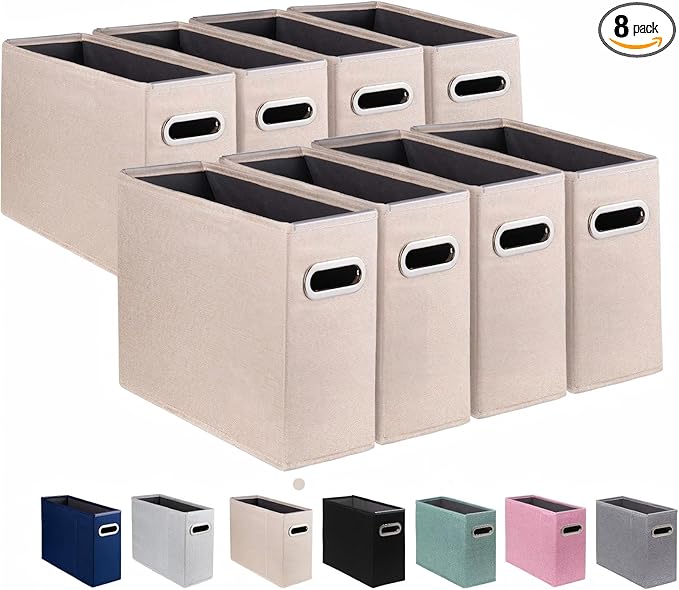8 Pack Letter Size File Storage Box Collapsible，Fabric Hanging File Folders Organizer, Portable Office Document Holder with Metal Handle, Smooth PVC Rails, Beige